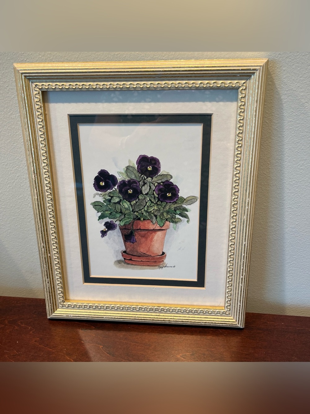 Vintage Peggy Abrams Signed Pansy Flowerpot Watercolor Print – Gold Frame